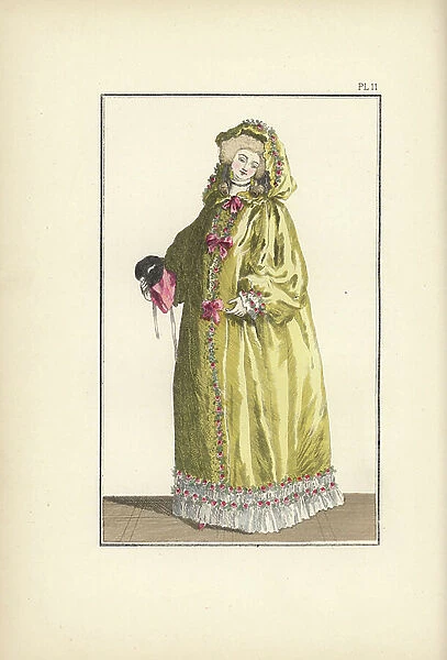 Woman in canary-yellow taffeta cape with bar ear-rings
