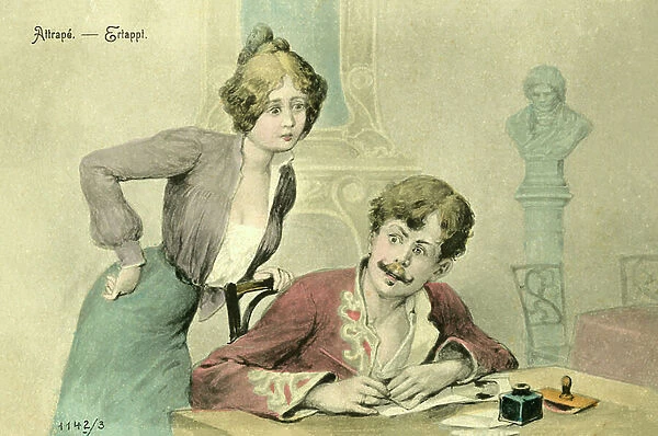 Woman catching a man writing a letter (colour litho)