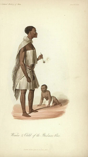 Woman and child of the San people (Bushman), South Africa, 19th century, in fur cloak and dress, smoking a tobacco pipe. Handcoloured lithograph by J. Bull from James Cowles Prichard's Natural History of Man, Balliere, London, 1855