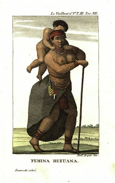 Woman and child of the San people (Housouana or Bushmen). From Francois Le Vaillant (Levaillant, 1753-1824) Second Voyage into the Interior of Africa. Copperplate engraving by dell'Acqua handcoloured by Lazaretti from Giovanni Battista Sonzogno's