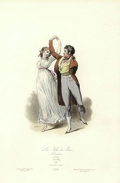 Woman in Diaphanous Gown (Wonderful) Dancing with a Foppish Man (Incredible), ' The Folly of the Day, ' Directory era (1795-1799), 1798. Handcoloured steel engraving by Hippolyte Pauquet from a drawing by Louis Leopold Boilly from the Pauquet