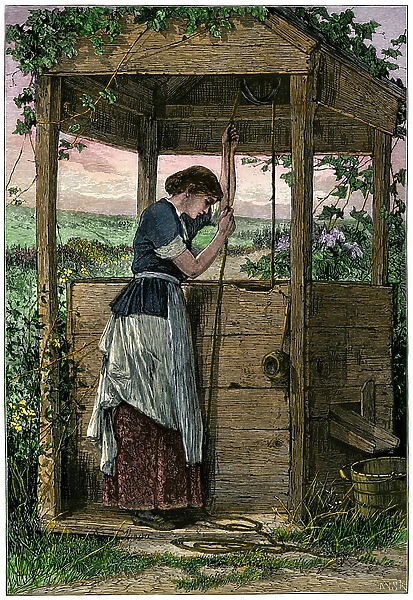 Woman drawing water from a well - Hand-colored woodcut of a 19th-century illustration