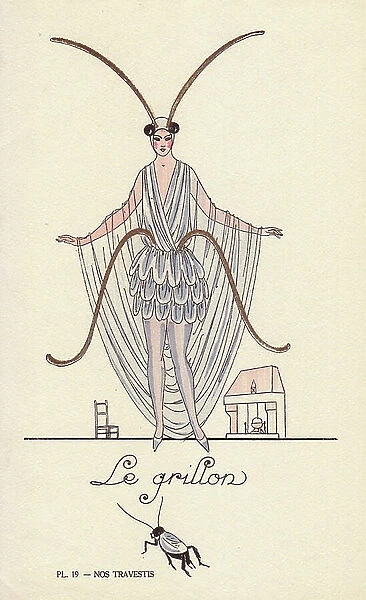 Woman in fancy dress costume as a cricket, le crillon, with grey mini dress and seethrough cape, long antennae and insect legs. Lithograph by unknown artist with stencil handcolouring from ' Nos Travestis' (Our Fancy Dress Costumes), Paris, 1928