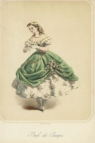 Woman in fancy dress costume as the Oracle des Champs, 1880s (lithograph)