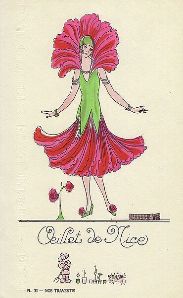Woman in fancy dress costume as a pink carnation of Nice, nice carnation, in green dress with pink collar and skirt. Lithograph by unknown artist with stencil handcolouring from ' Nos Travestis' (Our Fancy Dress Costumes), Paris, 1928