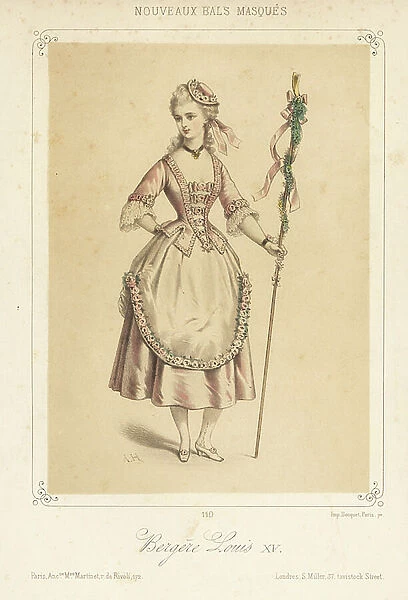 Woman in fancy dress costume as a shepherdess, 1880s (lithograph)