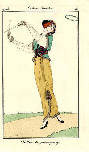 Woman in garden party outfit of skirt, blouse and jacket, playing a game with sticks and a ring. Toilette de garden party. Handcoloured pochoir (stencil) etching after an illustration by Victor Lhuer from Tommaso Antongini