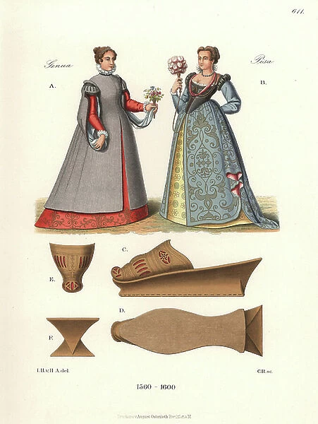 Woman of Genoa with bouquet A, woman of Pisa holding a feather fan B, and details of a pair of Venetian woman's shoes in sheepskin C, D, E, F. 1560-1600 Chromolithograph from Hefner-Alteneck's Costumes