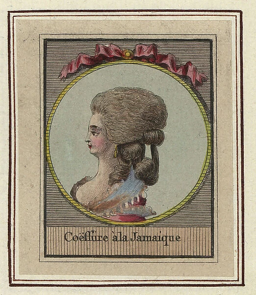Woman in hairstyle with ringlets called the Jamaican. Coeffure to Jamaica. Handcoloured copperplate engraving by an unknown artist from an Album of Fashionable Hairstyles of 1783, Suite des Coeffures a la Mode en 1783, Enauts et Rapilly, Paris, 1783