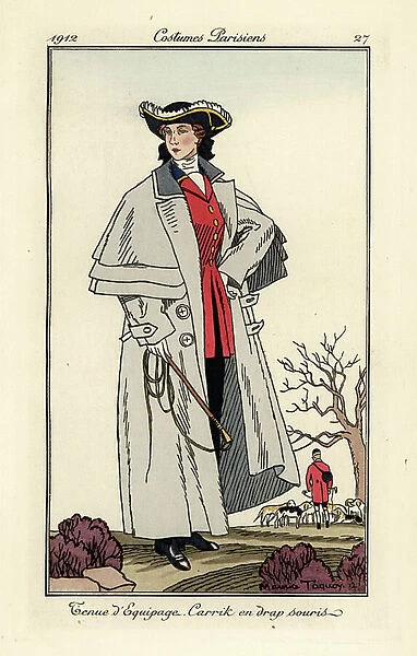 Woman in hunting outfit and mouse-grey carrick coat holding a whip, 1912 (stencil)