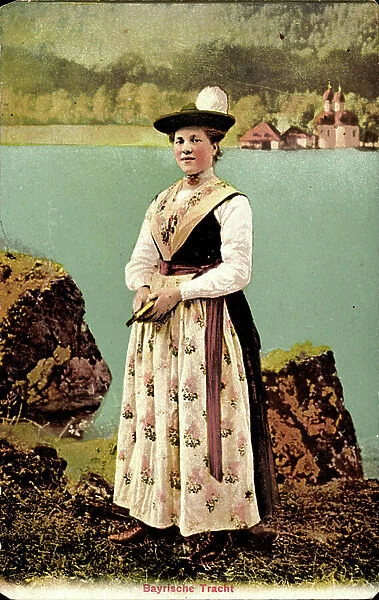 Woman in front of a lake in Bavarian costume, dress, hat (postcard)