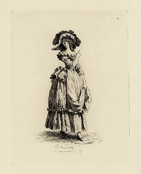 Woman in large hat with dress and apron, era of Marie Antoinette