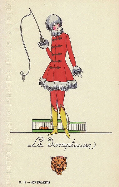 Woman in lion tamer costume, the tamer, in fur hat, fur-trimmed jacket with frogging, yellow boots, and whip. Lithograph by unknown artist with stencil handcolouring from ' Nos Travestis' (Our Fancy Dress Costumes), Paris, 1928