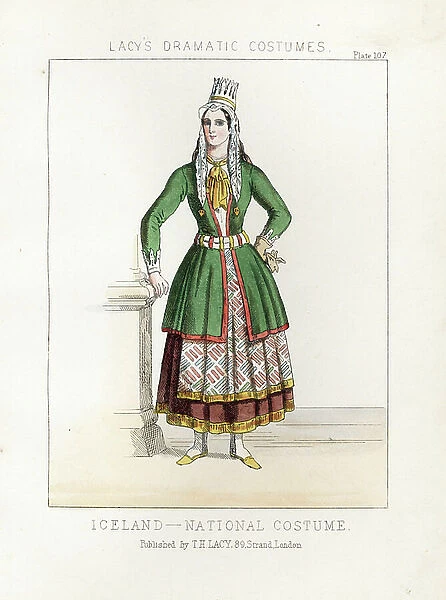 Woman in national costume of Iceland, 19th century. Lace hat, green jacket, apron, skirts, gloves. Handcoloured lithograph from Thomas Hailes Lacy's ' Female Costumes Historical, National and Dramatic in 200 Plates, ' London, 1865
