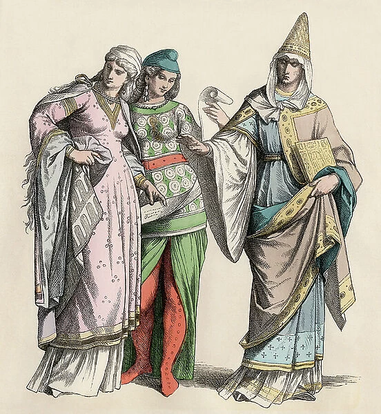 Woman and noble of Normandy, 12th century - Women and a noblewoman of Normandy, 12th century. Antique hand-colored print