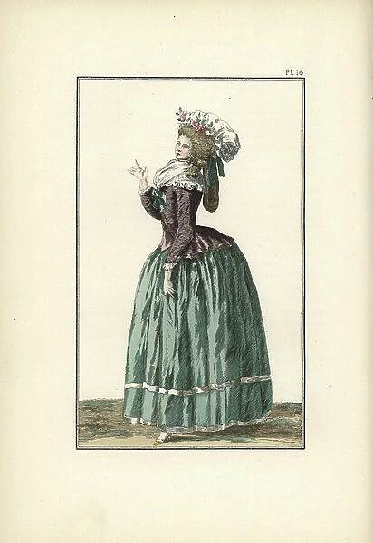 Woman in pierrot, pouf bonnet, apple green petticoat, with Jeannette ribbons on her shoes