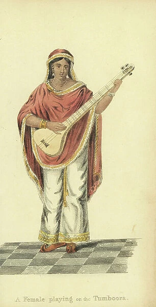 Woman playing the tumboora (guitar) wearing embroidered pants of silk, shawl, veil, and slippers. Handcoloured copperplate engraving by an unknown artist from ' Asiatic Costumes, ' Ackermann, London, 1828