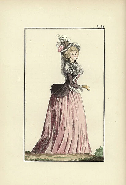 Woman in puce taffeta caraco over a petticoat of pink taffeta
