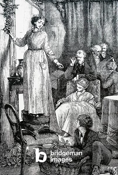 A woman putting up Christmas decorations while the invalid child of the family gazes sadly into the fire. 1869 (engraving)