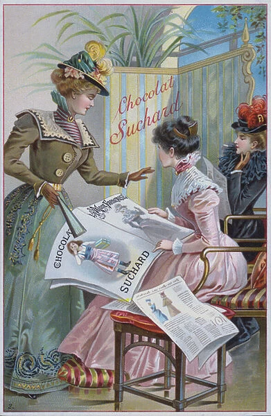 Woman reading a newspaper, advertisement for Suchard chocolate (chromolitho)