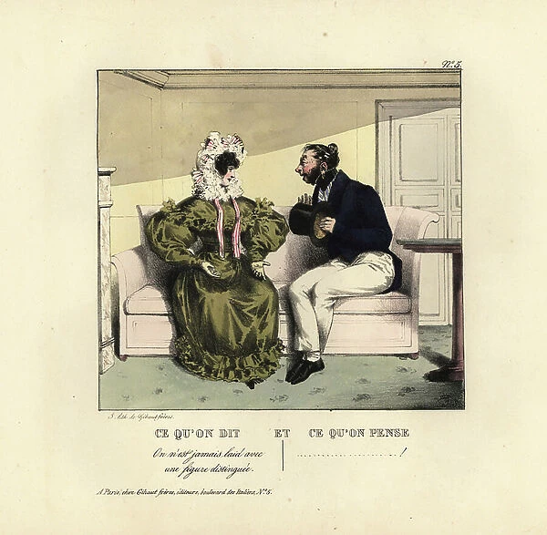 Woman seated on a sofa flattering an ugly man. One is never ugly with a distinguished figure. Handcoloured lithograph by the Gihaut brothers after an illustration by Jean Gabriel Scheffer from Petites Scenes du Monde