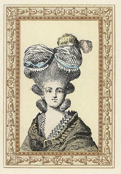 Woman in the Suzanne bonnet with lace, ribbons and plumes. Suzanne hat, inspired by Miss Contat in the role of Suzanne in the Marriage of Figaro. Handcoloured lithograph by de Laubadere from Octave Uzanne's Stylish Hairstyle or Eccentric Finery