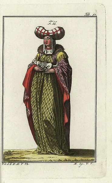 Woman of Venice holding a dog, 16th century. The headdress is made of white veil striped with lines of red silk. Handcolored copperplate engraving from Robert von Spalart's ' Historical Picture of the Costumes of the Principal People of Antiquity