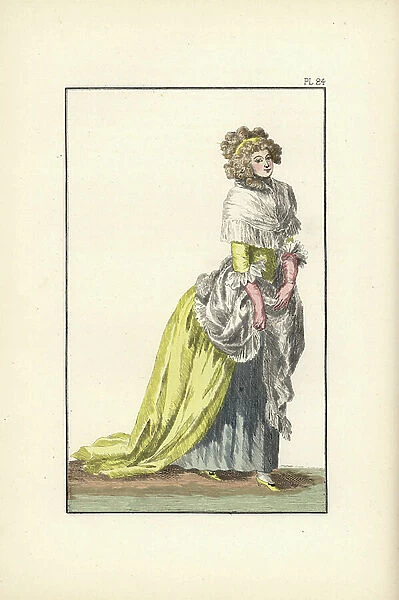 Woman wearing a dress of English silk with hair in the councillor style