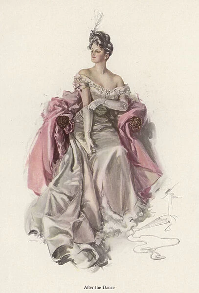 Woman wearing an evening gown after the dance (colour litho)
