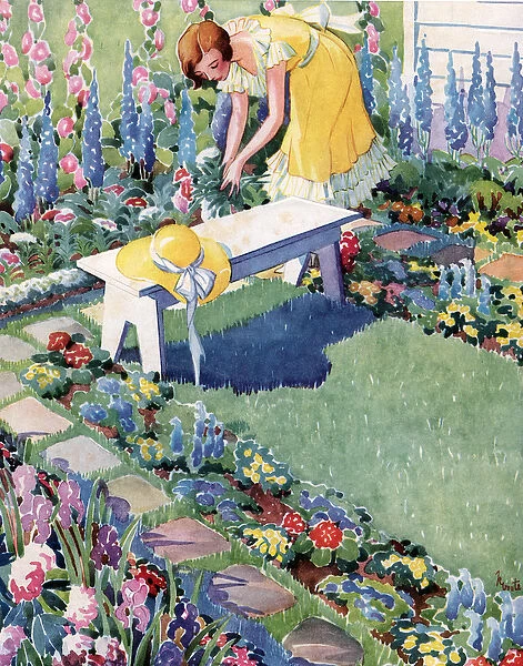 Woman Working in an English Garden, 1932 (screen print)