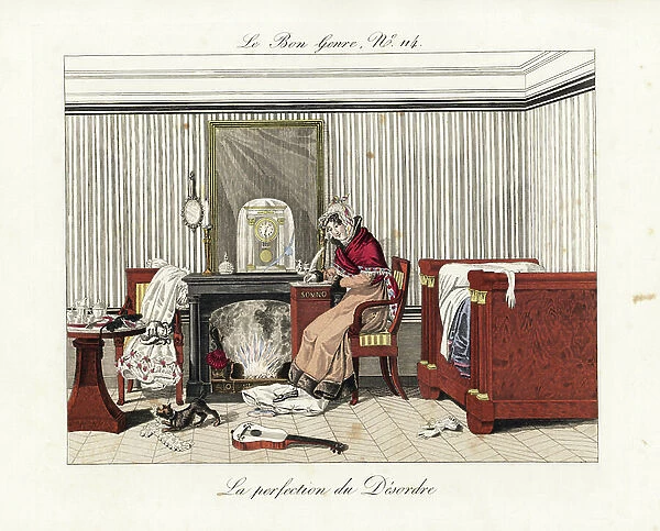 A woman writes a letter on a somno (night table containing a chamberpot) with her feet on a pillow, while her dog chews a lace collar and a cat sleeps on her ballgown. Handcoloured engraving from Pierre de la Mesanger's Le Bon Genre, Paris, 1817