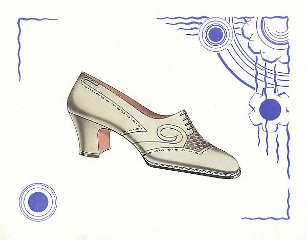 Woman's brogue shoe design in pale leather within an art deco abstract border. Chromolithograph from Andre Camy's La Chausage d'Art, The Art Shoe, August-September, Paris, 1930