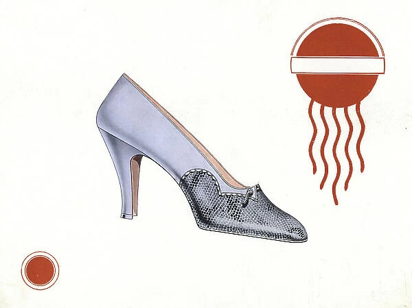Woman's shoe design in lilac leather and snakeskin within an art deco abstract border. Chromolithograph from Andre Camy's La Chausage d'Art, The Art Shoe, August-September, Paris, 1930