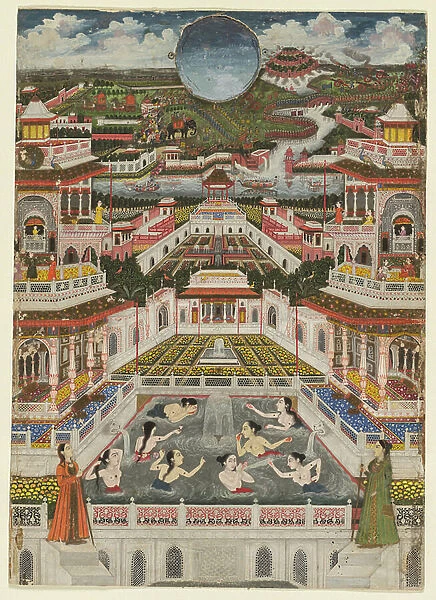 Women bathing before an architectural panorama, c. 1765 (opaque w / c and gold on paper)