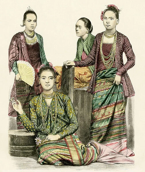 Women of Brunei (Burma) in traditional costume in the 19th century. Colour engraving of the 19th century