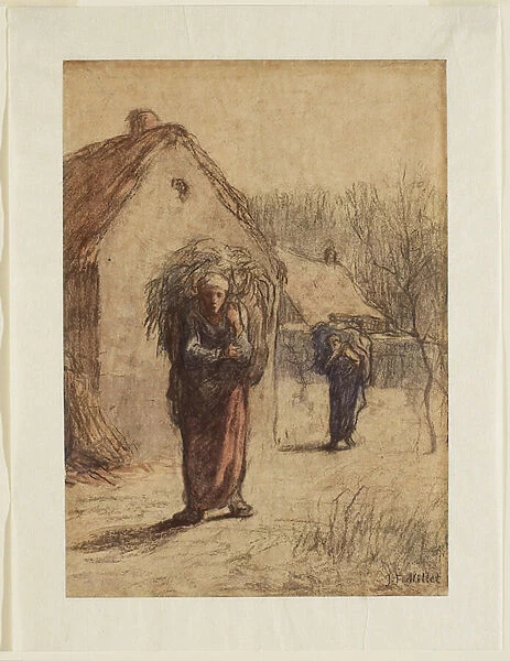 Women Carrying Loads of Dried Grasses at the Entrance to a Village, 1850s (charcoal, chalk & w  /  c on laid paper)
