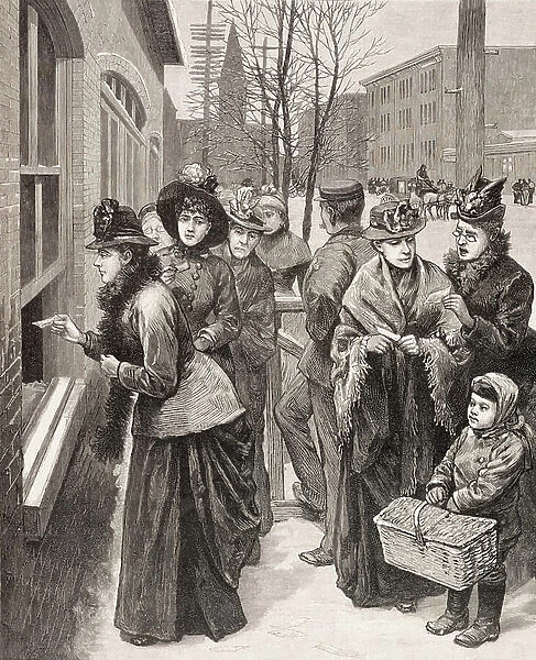 Women casting votes in Cheyenne, Wyoming, USA (lithograph)