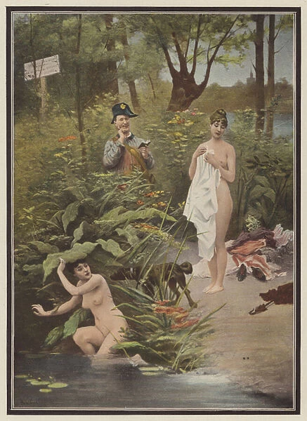 Women caught in the act of bathing (colour litho)