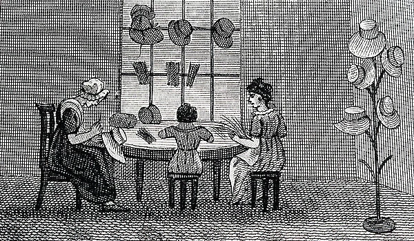 Women and child making plaited straw into hats, 1850