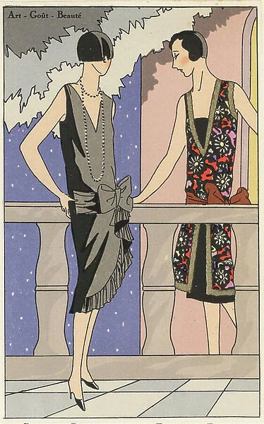 Women in evening dress, de taffeta noir et crepe imprime, 1926 -Women in afternoon dresses of black taffeta and printed crepe lame - Lithograph with stencil handcolour from the luxury French fashion magazine ' Art, Gout, Beaute,' 1926