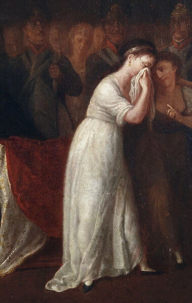 A women as the law governing the status of the mother within the family, inferior to that of the husband. Detail of the promulgation of the Civil Code or Code of Napoleon Bonaparte on 21  /  03  /  1804 (painting, 19th century)