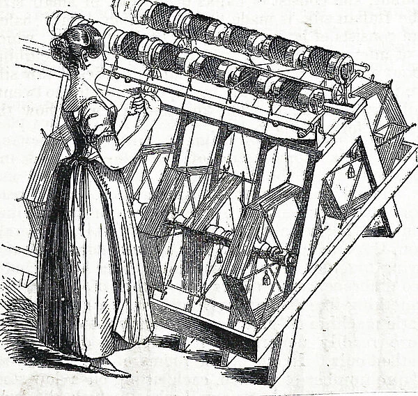 Women making up sewing thread onto bobbins in a textile silk mill, 1843
