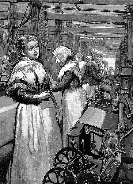 Women operatives tending power looms in a Yorkshire woollen mill. Wood engraving, 1883