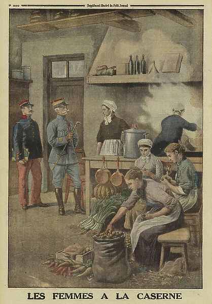 Women preparing food in the kitchens of a French army barracks, World War I, 1916 (colour litho)