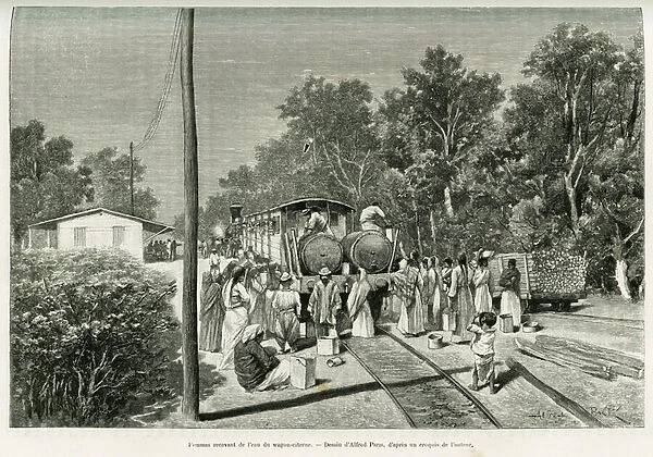 Women receiving water from the tank wagon between Frias and Santiago, a region without water and rain. Engraving by Alfred Paris to illustrate the story Voyage a la Plata, three months of vacation by Emile Blaireaux in 1886