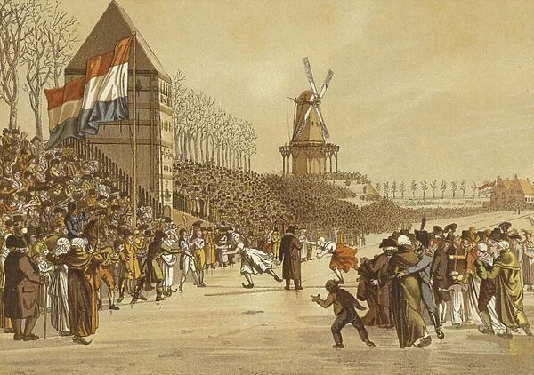 Womens ice skating races, Leeuwarden, Netherlands, 1805 (colour litho)