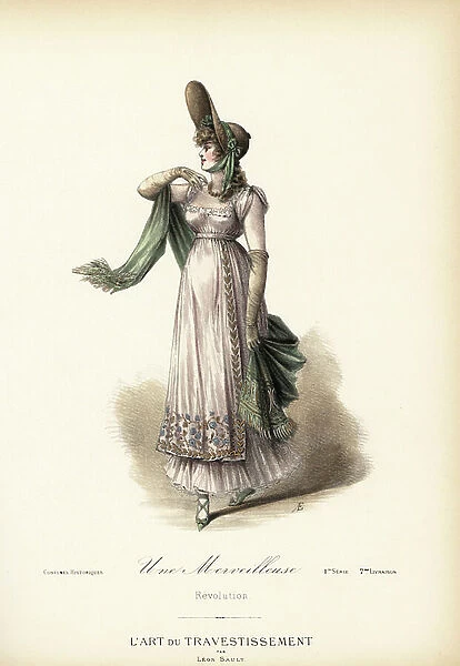 Wonderful in jockey cap, French Revolutionary era, 18th century. Handcoloured lithograph by A.E. after a design by Leon Sault from ' L'Art du Travestissement' (The Art of Fancy Dress), Paris, c.1880