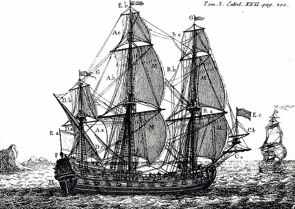 A woodblock engraving depicting a first-rate ship of the line carrying sail, 18th century