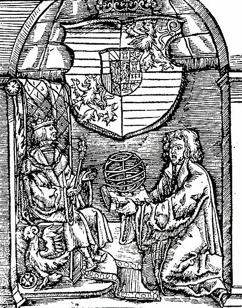 Woodcut depicting FERDINAND I; Holy Roman Emperor 1558-64, king of Bohemia and Hungary 1526. From the title page of the De Sphaericus of Theodosius of Tripoli (2nd century AD)