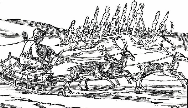 A woodcut engraving depicting a Samoyedic man travelling on a sleigh pulled by reindeer. In the background stands a group of religious idols, some with reindeer antlers planted in front of them